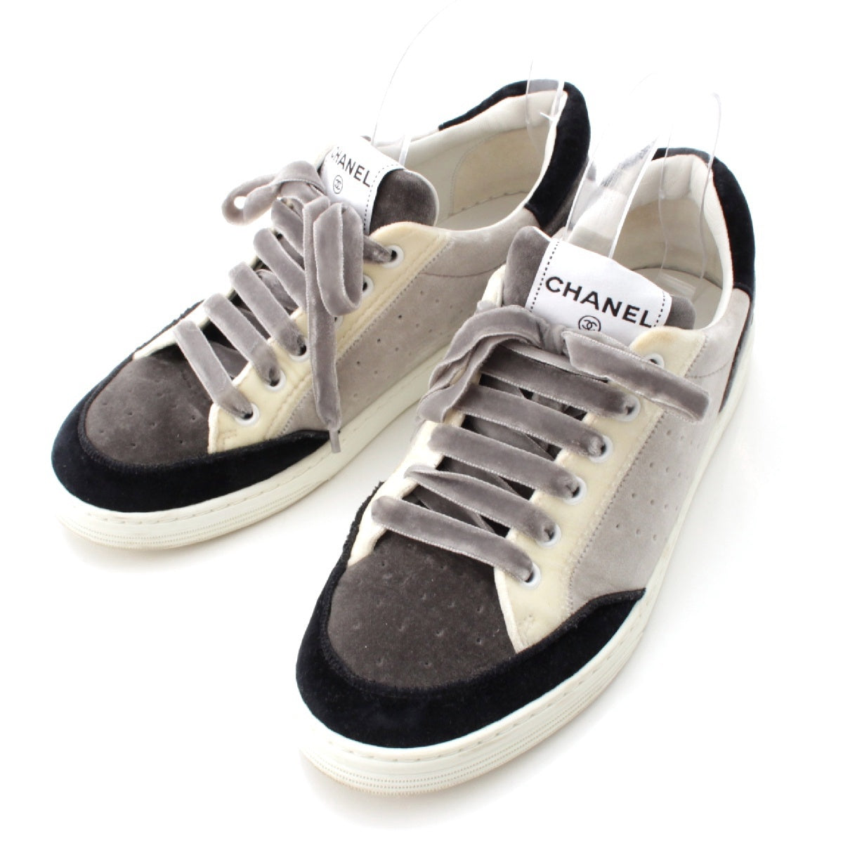 CHANEL 20A Velor Logo low cut sneakers shoes G36295 gray black white 39