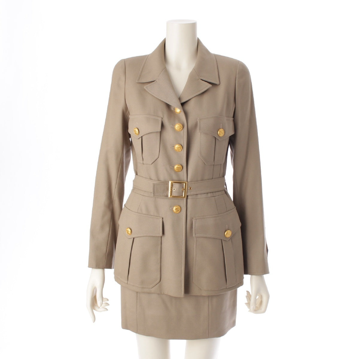 CHANEL 96A wool Vintage COCO Button 4 Pocket Safari Skirt setup Belted jacket P08506 beige 36