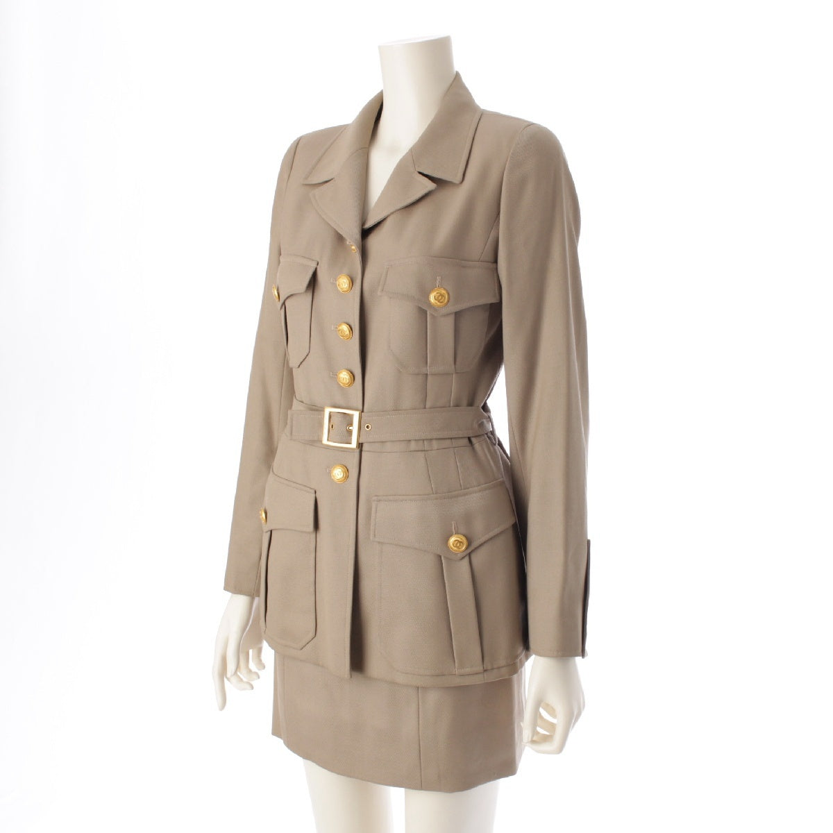 CHANEL 96A wool Vintage COCO Button 4 Pocket Safari Skirt setup Belted jacket P08506 beige 36