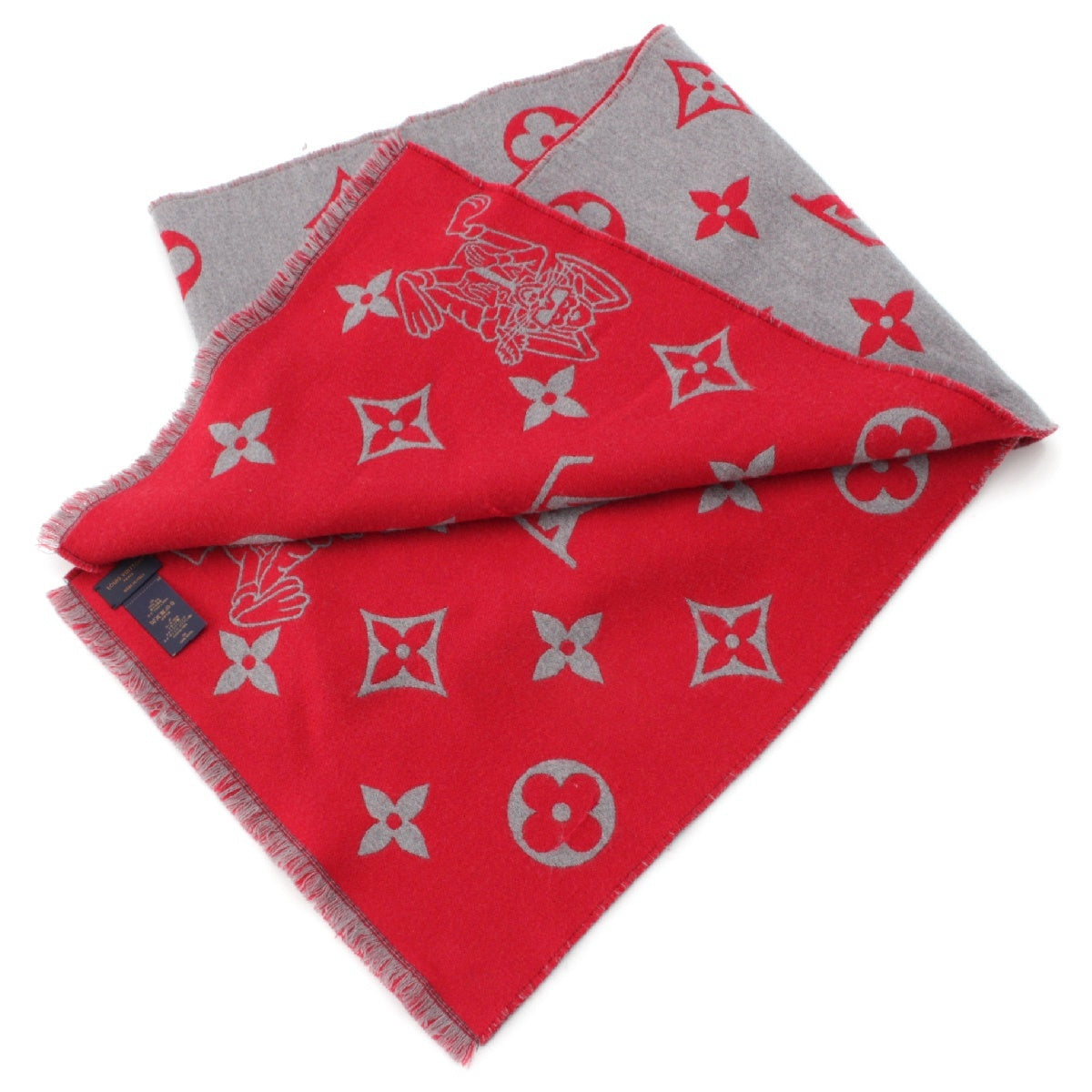 LOUIS VUITTON 23 years Monogram wool LV Rabbit Echarpe Fringe Scarf Stall Red gray