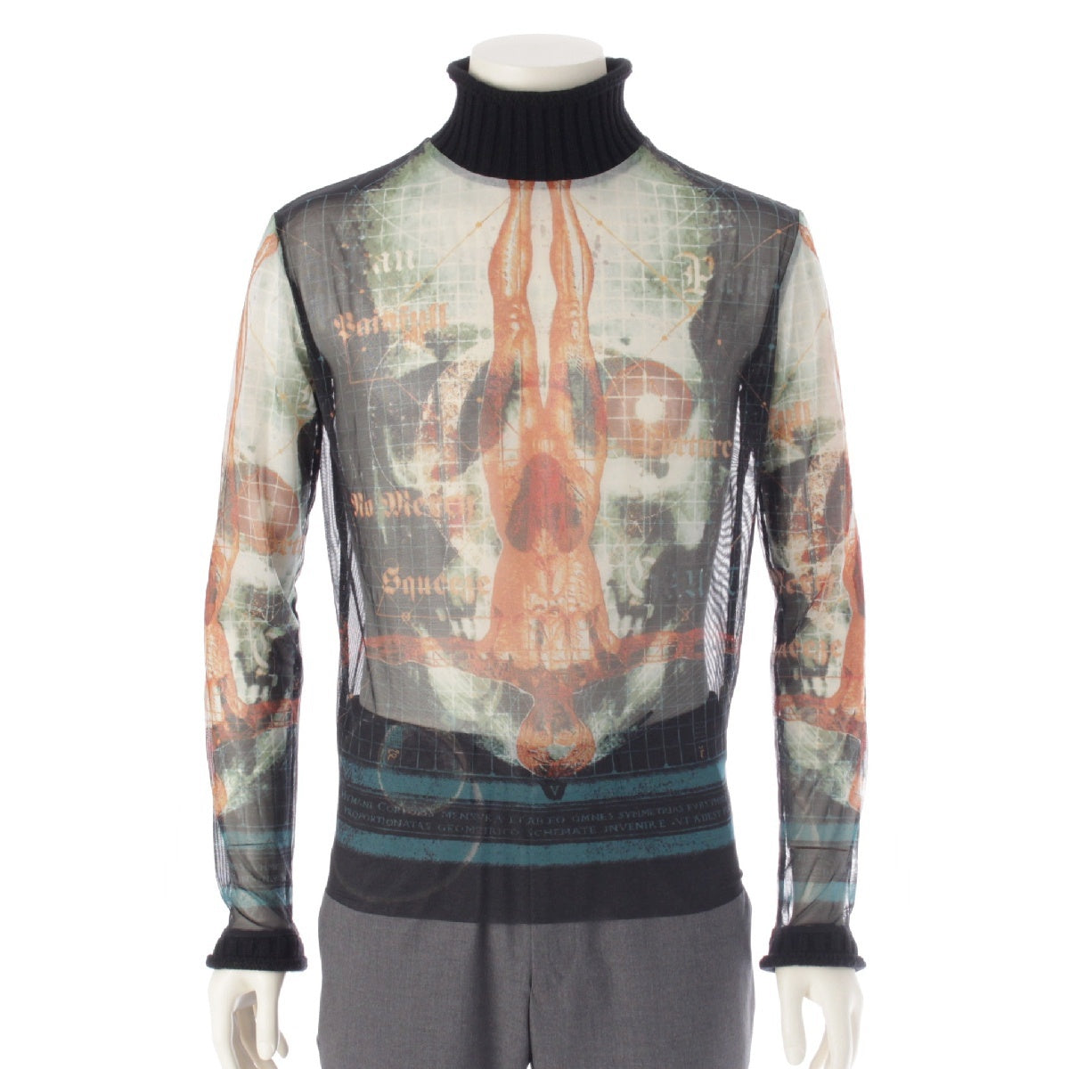 JEAN-PAUL GAULTIER ナイロン ウール Classic knit power net see-through tops Turtleneck Print Top Black x multicolor 48