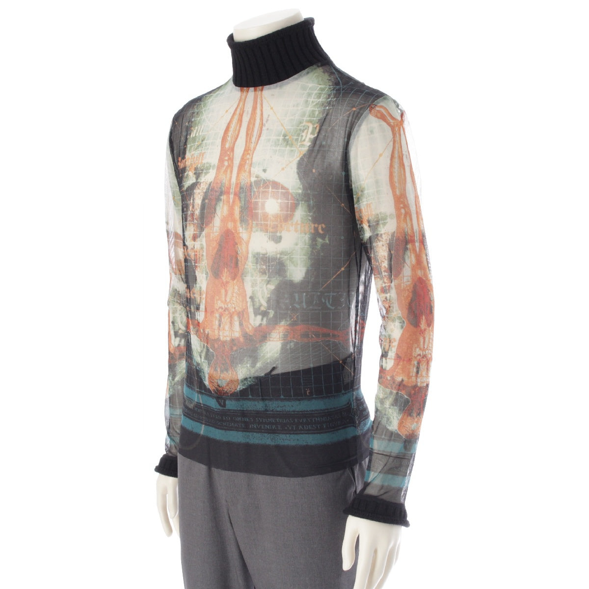 JEAN-PAUL GAULTIER ナイロン ウール Classic knit power net see-through tops Turtleneck Print Top Black x multicolor 48