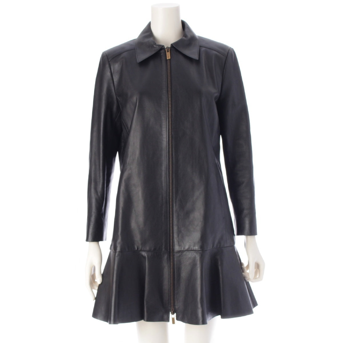 MIUMIU 15 years Sheep leather leather Peplum Flare Long coat Jacket outerwear MPS528 Black Gold Metal 38