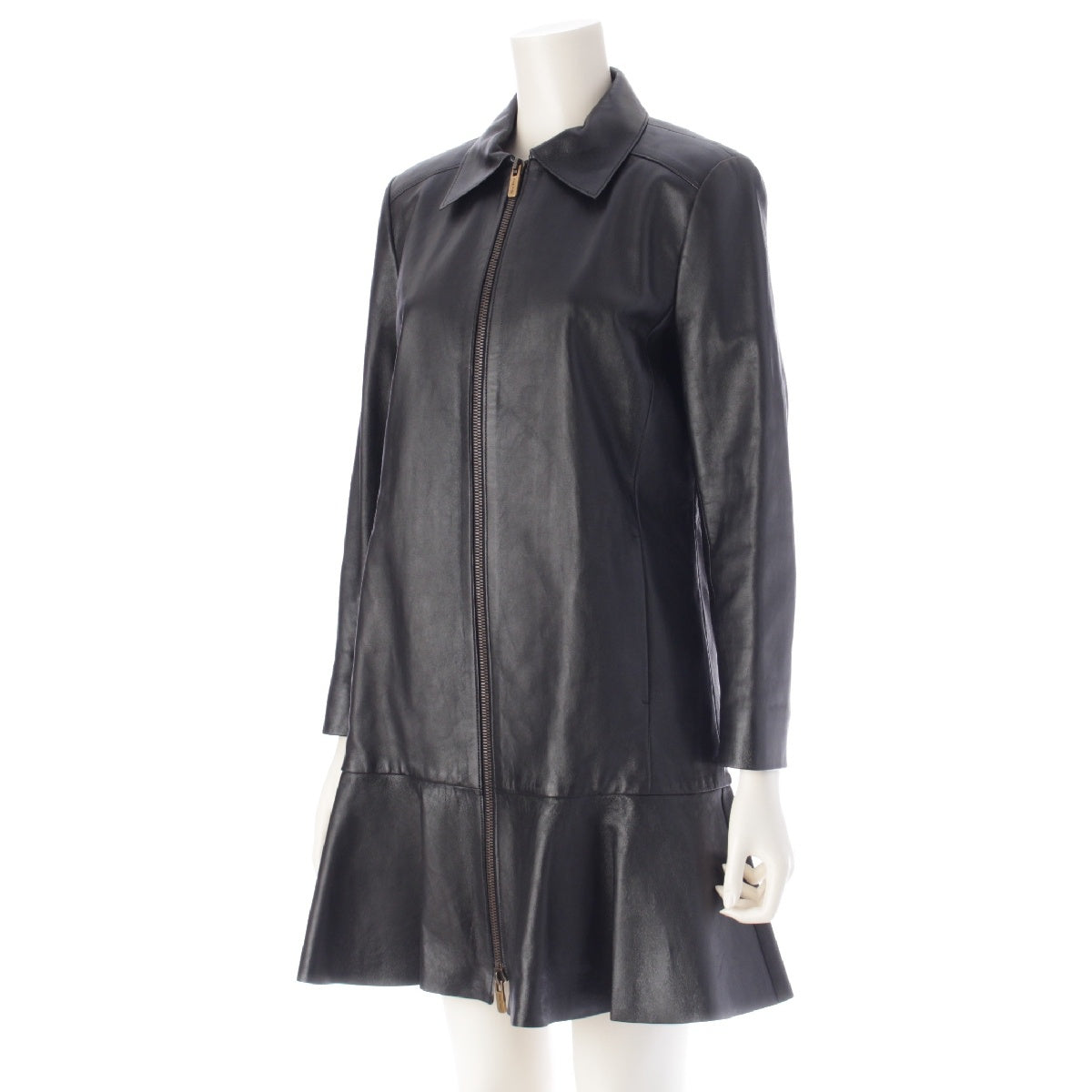 MIUMIU 15 years Sheep leather leather Peplum Flare Long coat Jacket outerwear MPS528 Black Gold Metal 38