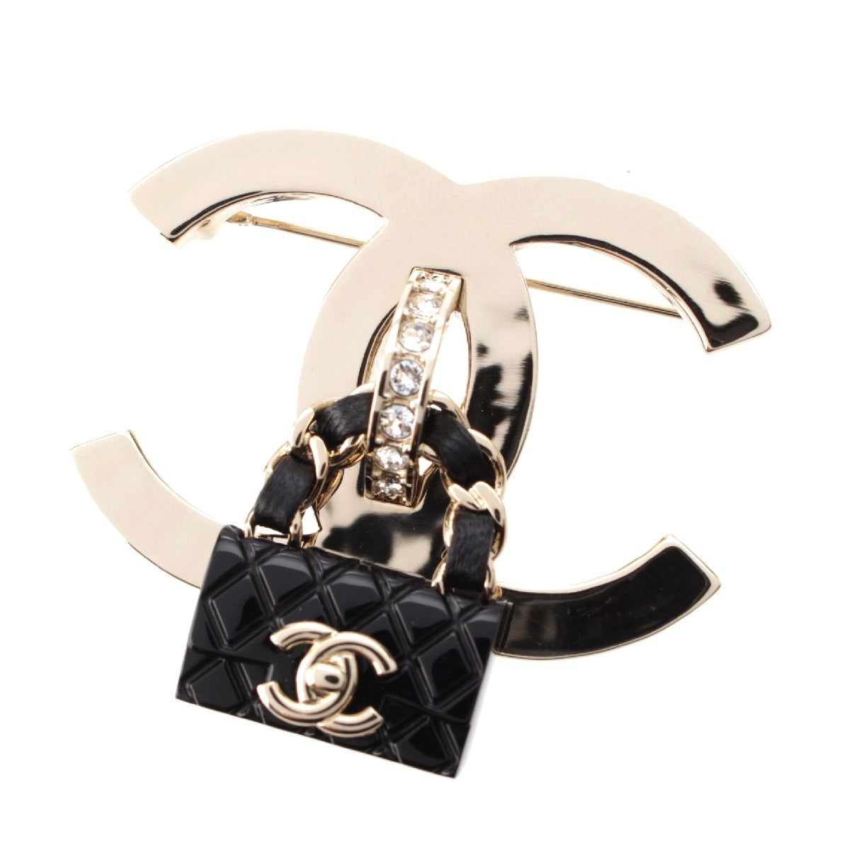 CHANEL B23C COCO Mark Matelasse Bag Motif Rhinestone Pin Brooch Silverx black