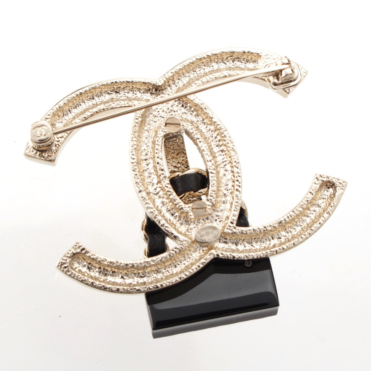 CHANEL B23C COCO Mark Matelasse Bag Motif Rhinestone Pin Brooch Silverx black