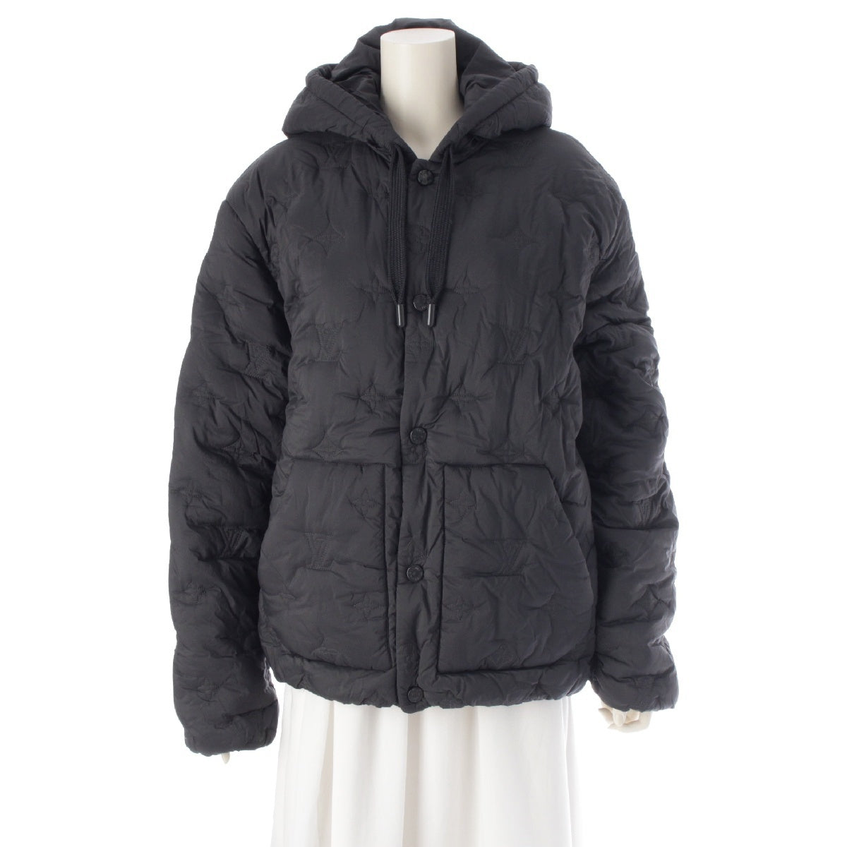 LOUIS VUITTON Nylon Monogrammed quilted hooded puffer Jacket Blouson outerwear HOB99W black 48