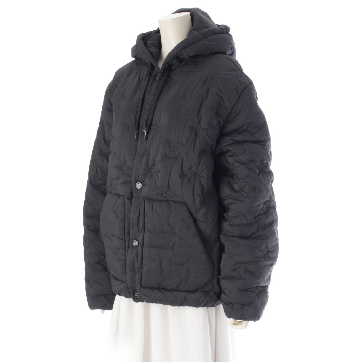 LOUIS VUITTON Nylon Monogrammed quilted hooded puffer Jacket Blouson outerwear HOB99W black 48