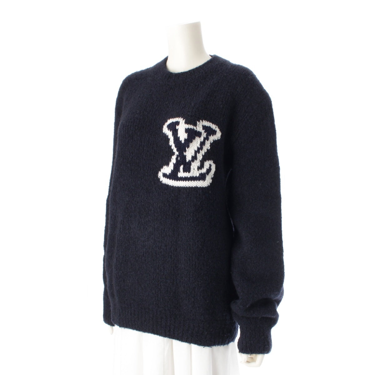 LOUIS VUITTON wool LV logo intarsia crew neck sweater Thick knit tops HLN43W Navy white M