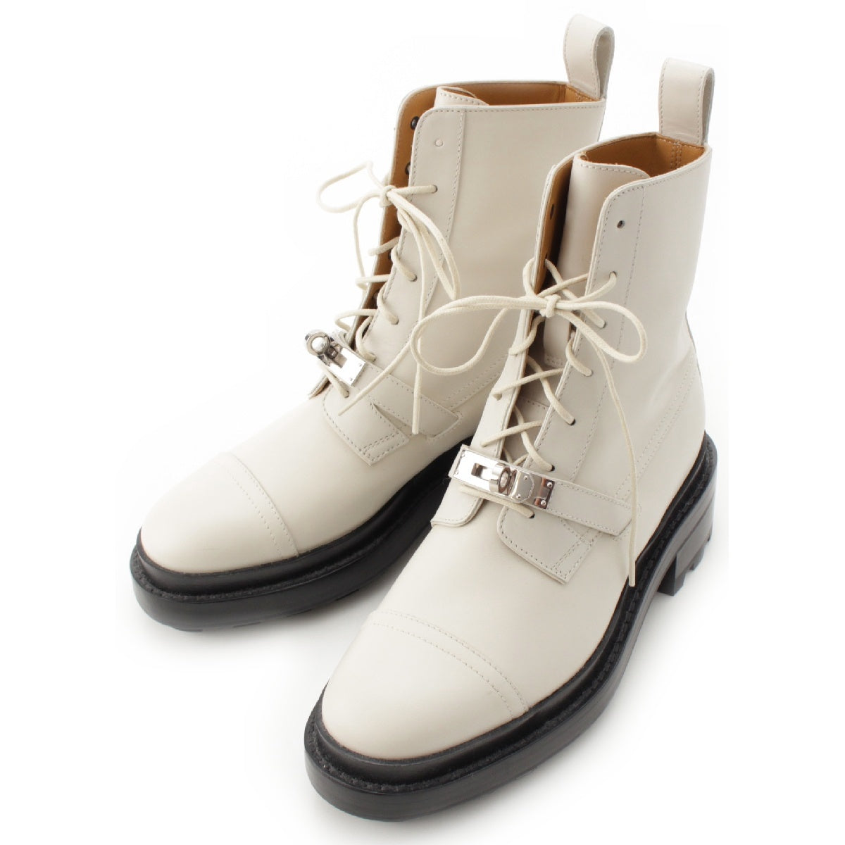 HERMES leather Funk Ankle Kelly Metal Lace-up boots shoes WS222069Z white 35 1/2