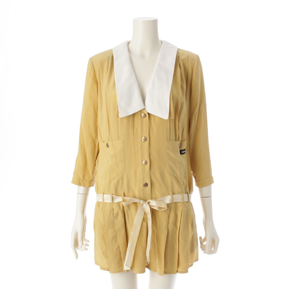 MIUMIU 23 years silk Belt Ribbon Mini one piece dress MF5337 yellow 36