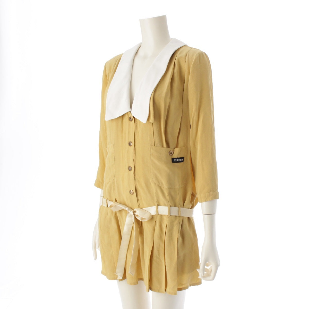 MIUMIU 23 years silk Belt Ribbon Mini one piece dress MF5337 yellow 36