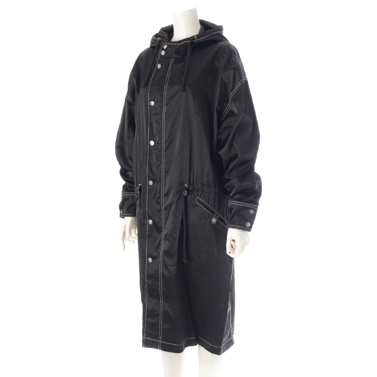 CHANEL Cotton nylon Vintage Drawstring Hooded Rain coat outer P06685 black 34