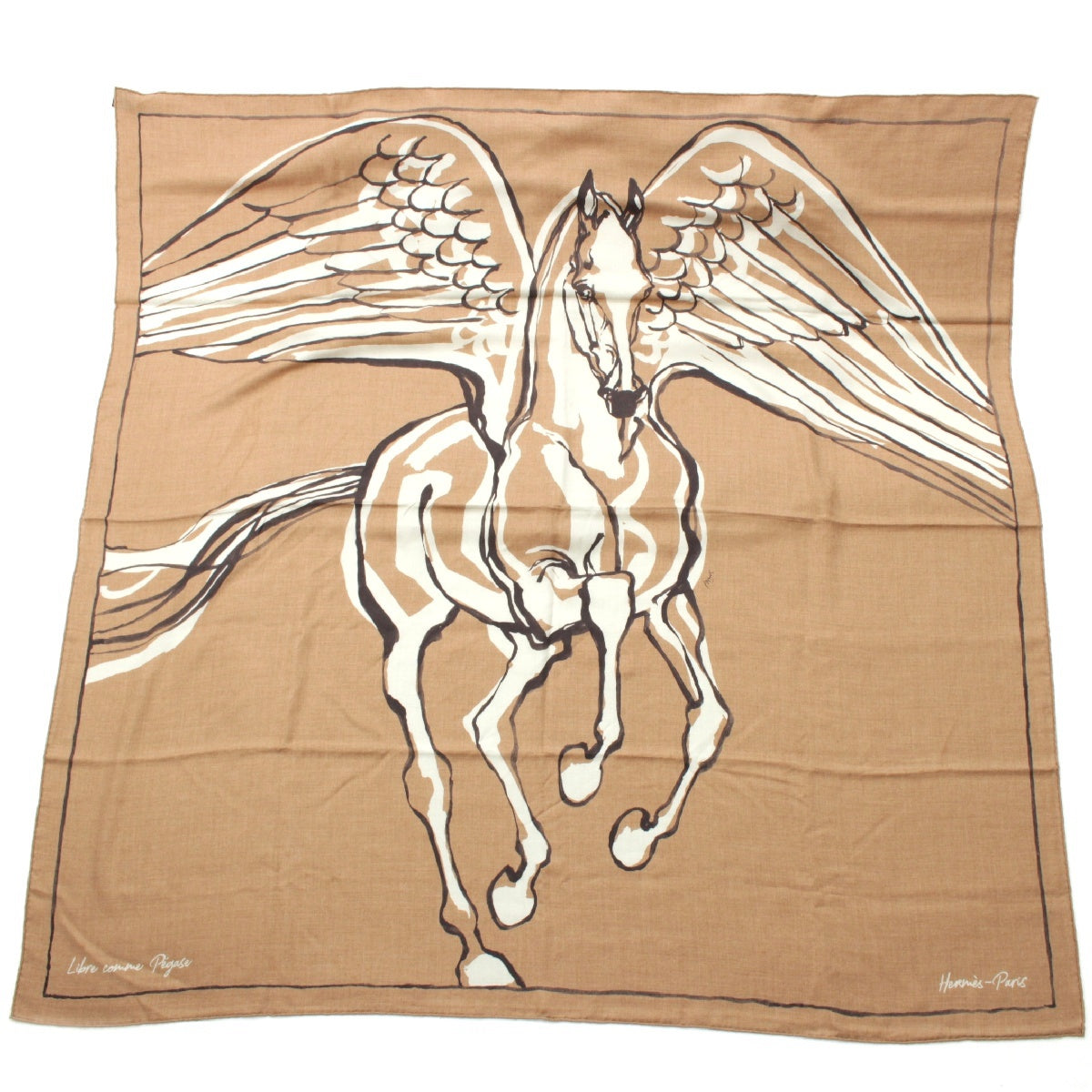 HERMES Carre 140 cashmere silk Free as Pegasus scarf Large format Brown