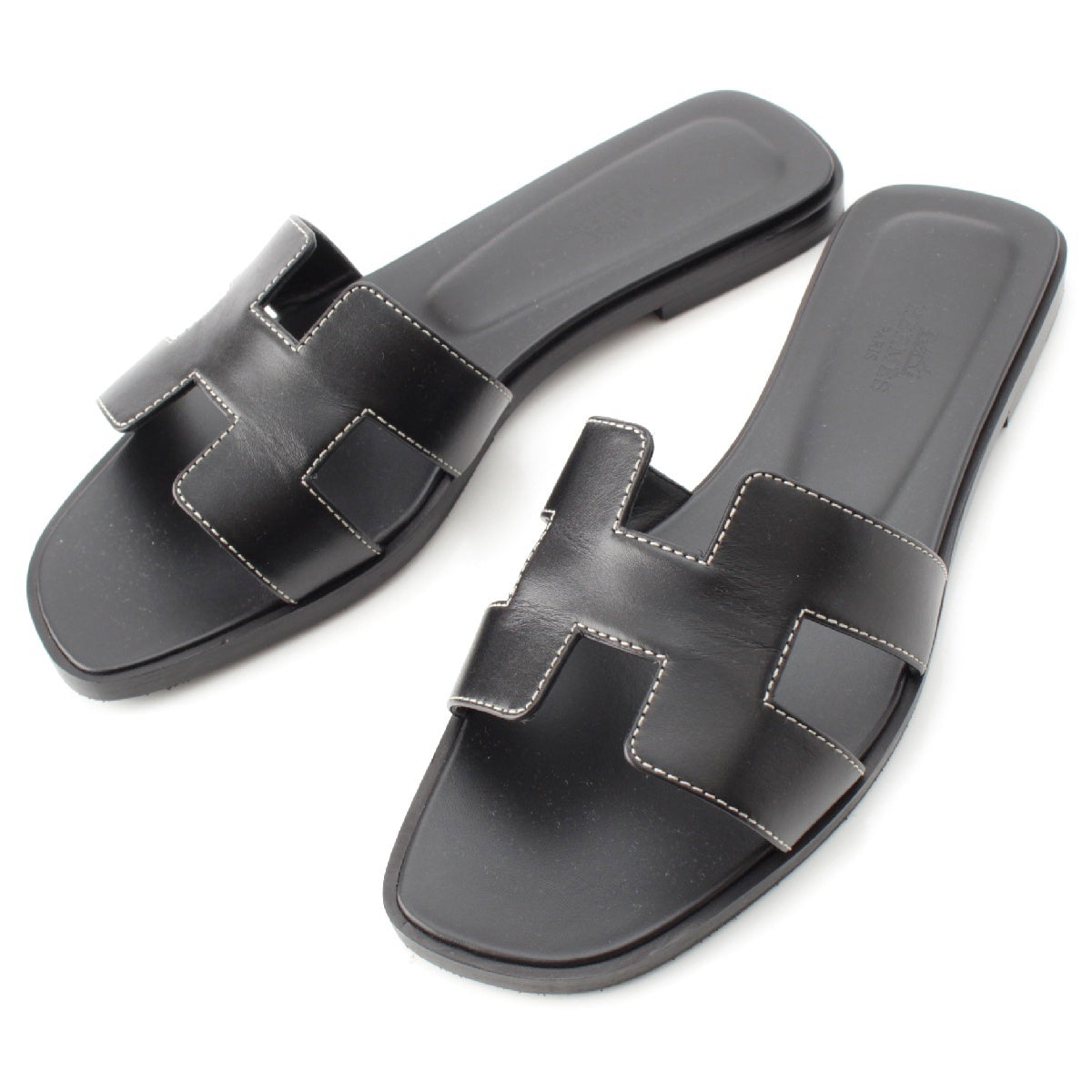 HERMES leather Oran H motif Sandals shoes black 37 1/2