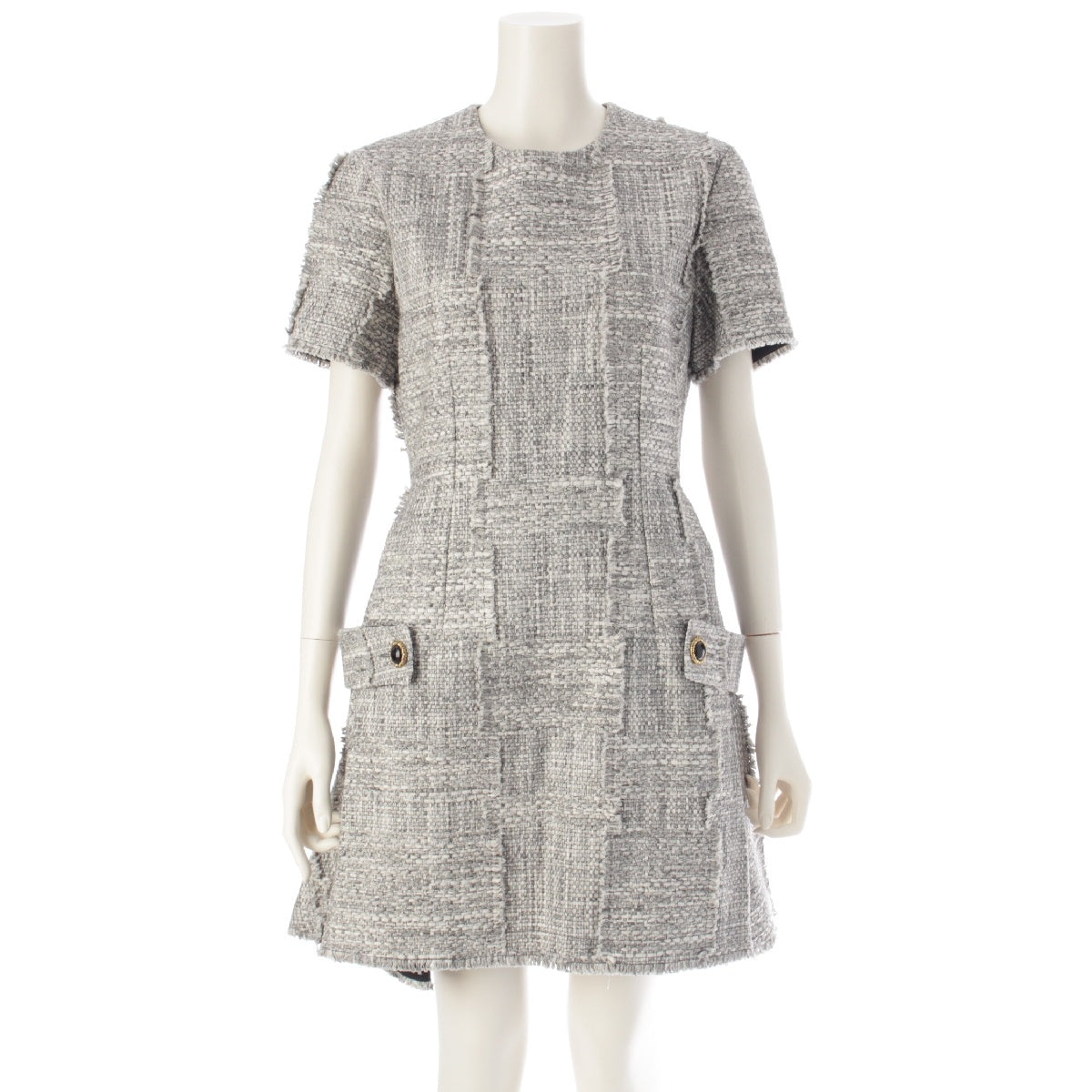 LOUIS VUITTON 22Stainless Steel Cotton Tweed Short Sleeve Flare one piece Skater Dress RM221B MR2 FMR077 gray 38