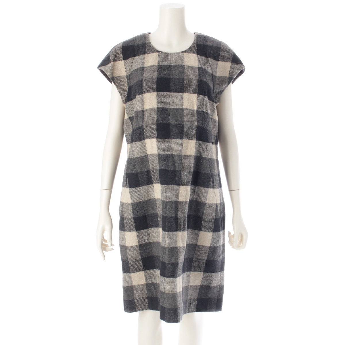 CHANEL cotton French Sleeve Check one piece dress P59543 Black x white 44