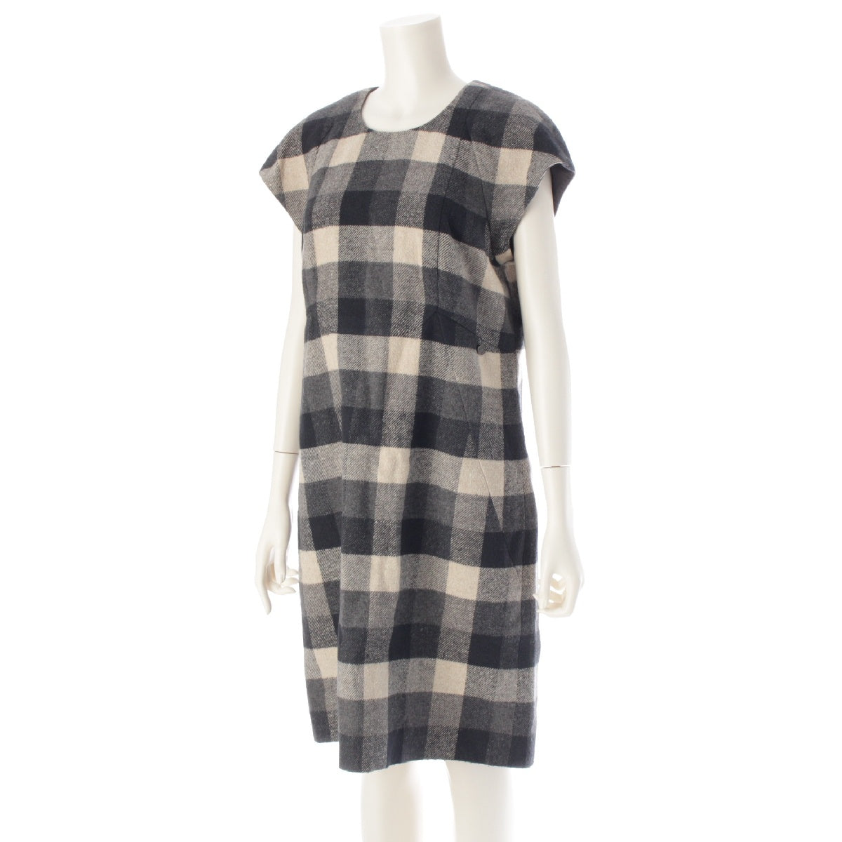 CHANEL cotton French Sleeve Check one piece dress P59543 Black x white 44