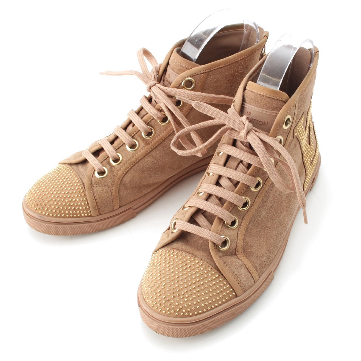 LOUIS VUITTON suede LV logo studs back zip high cut sneakers shoes beige 36