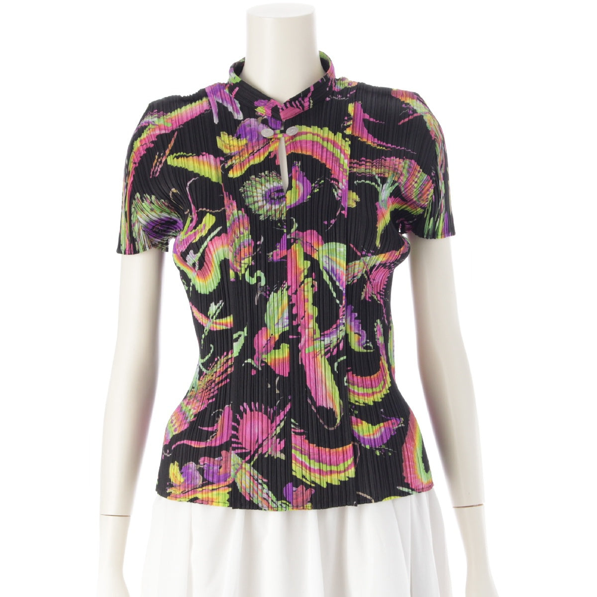 PLEATS PLEASE ISSEY  Mythical beast pattern dragon Chinese button Cut Short Sleeve Tops Blouses PP63-JK632  black 3
