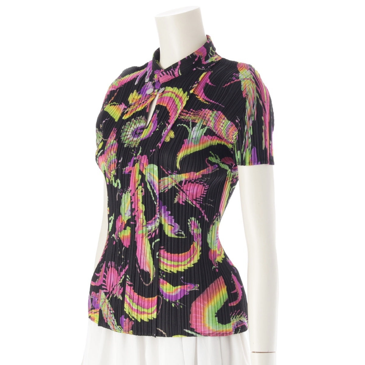 PLEATS PLEASE ISSEY  Mythical beast pattern dragon Chinese button Cut Short Sleeve Tops Blouses PP63-JK632  black 3