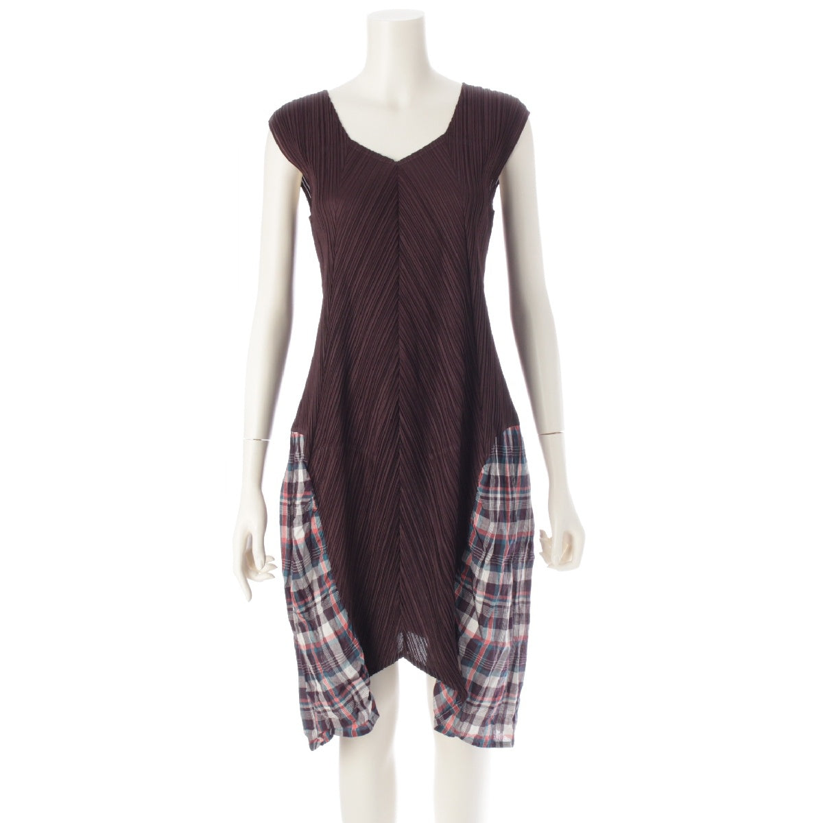 PLEATS PLEASE ISSEY  Different material switching check pattern sleeveless one piece dress PP03-JT565 Brown 3