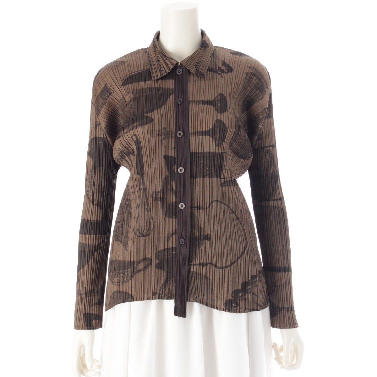 PLEATS PLEASE ISSEY  Cooking Utensils All-Over Pattern Long sleeve shirt blouse tops PP53-JJ583 Brown 3