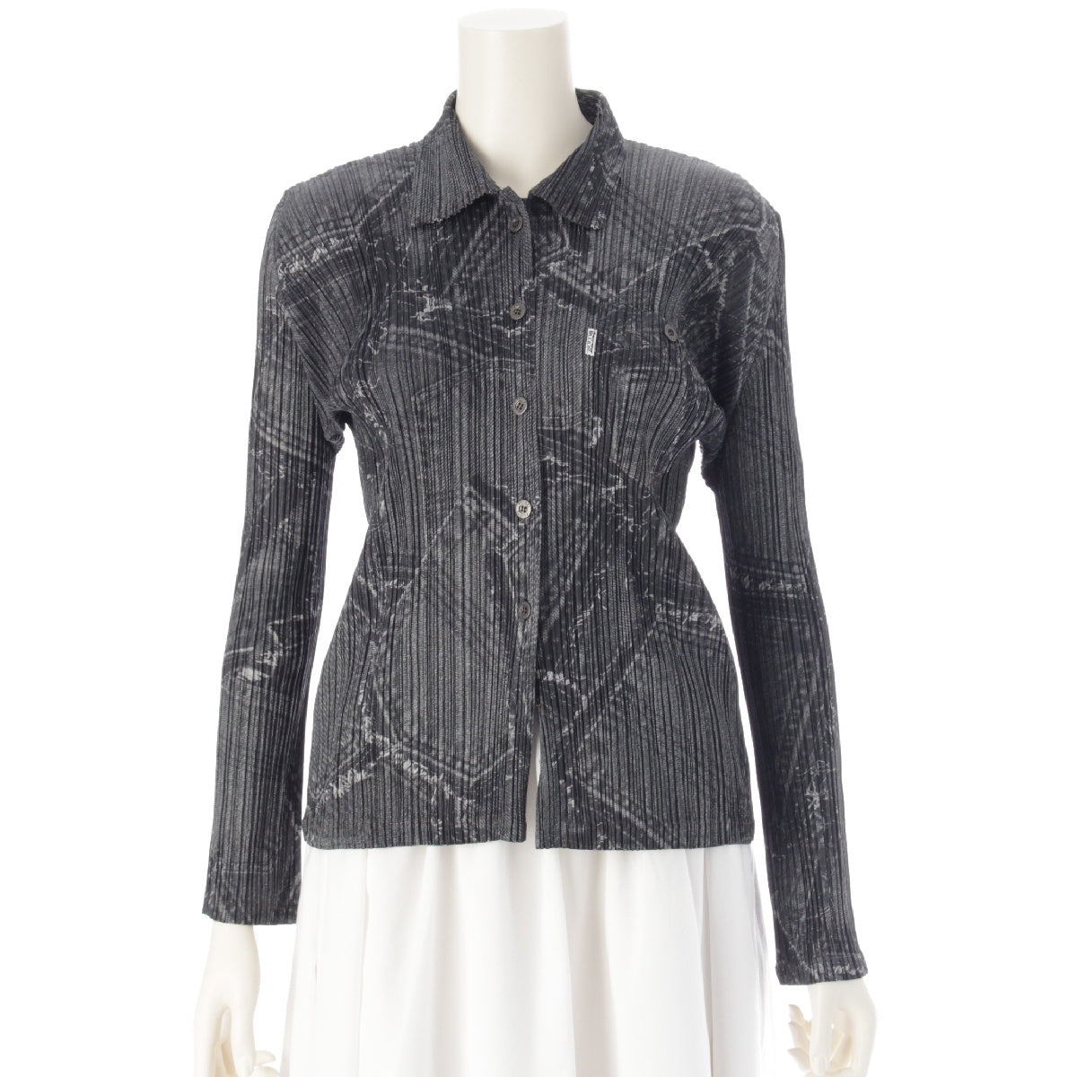 PLEATS PLEASE ISSEY  Denim Transfer Patch Pocket Pattern Long sleeve shirt Logo Button Blouse Tops PP41-JJ873 gray 3