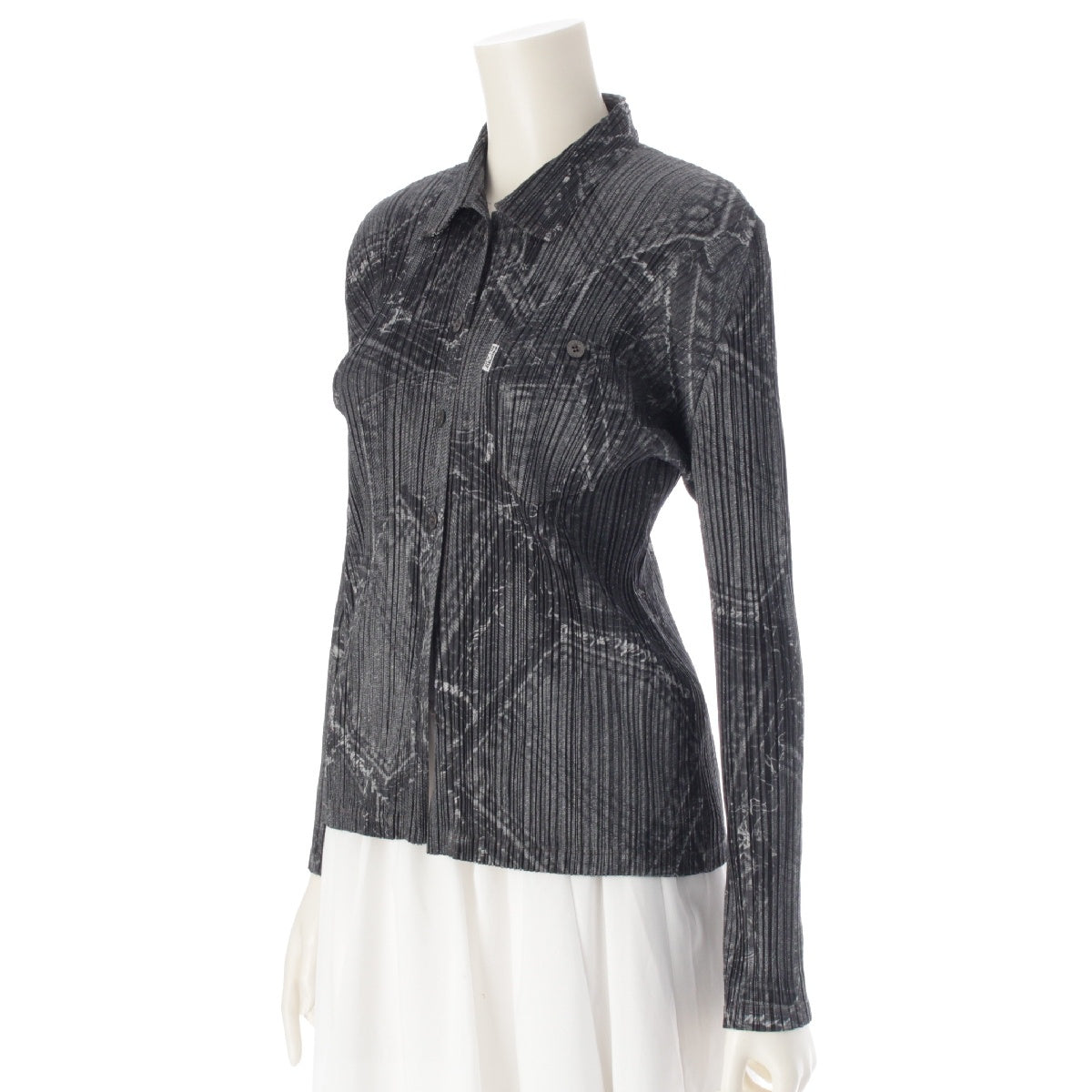 PLEATS PLEASE ISSEY  Denim Transfer Patch Pocket Pattern Long sleeve shirt Logo Button Blouse Tops PP41-JJ873 gray 3