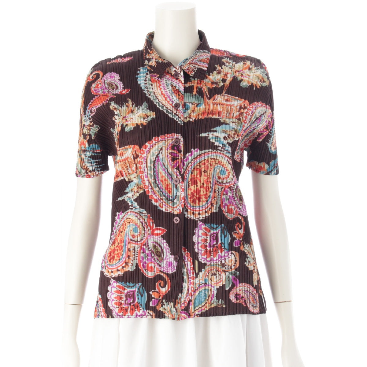 PLEATS PLEASE ISSEY  Palm Trees Paisley Pattern Short sleeve shirt Tops blouse PP61-JJ802 Brown 3