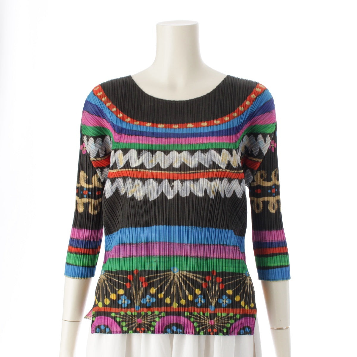 PLEATS PLEASE ISSEY  Full pattern Pleated Cut Painting Border Half Sleeve Top PP63-JK572 Black multicolor 3