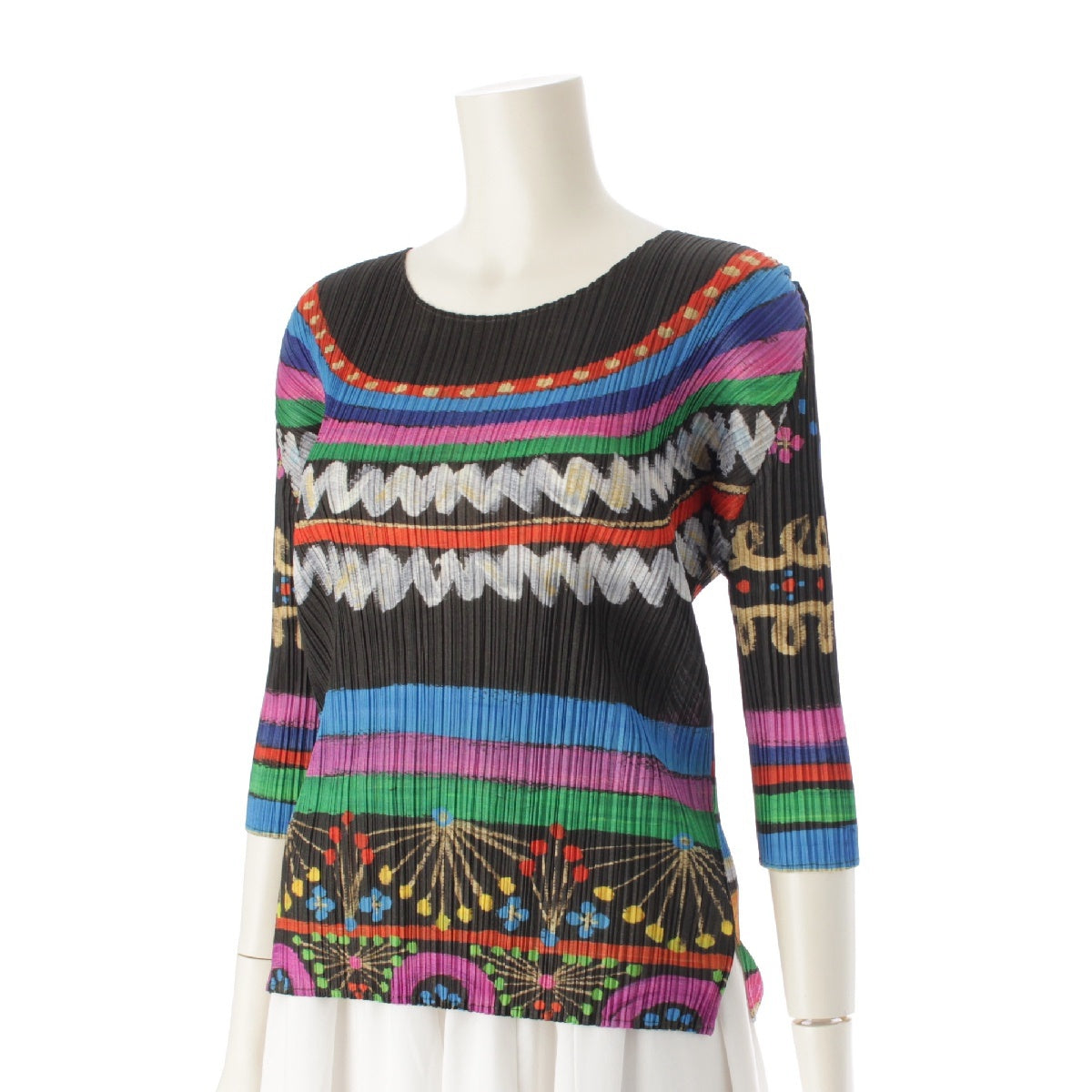 PLEATS PLEASE ISSEY  Full pattern Pleated Cut Painting Border Half Sleeve Top PP63-JK572 Black multicolor 3