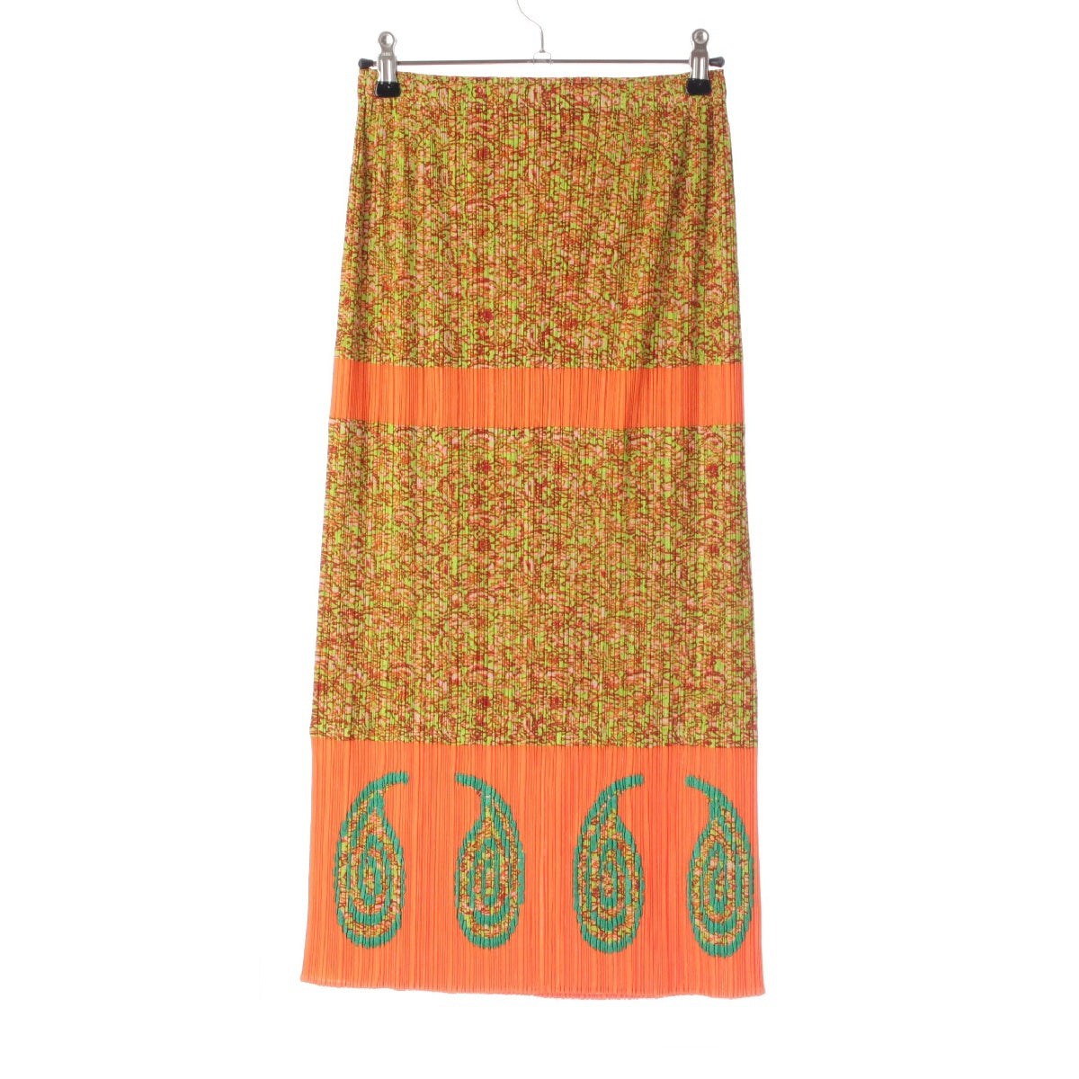 PLEATS PLEASE ISSEY  Paisley Embroidery Long skirt PP63-JG525 Orange green 2
