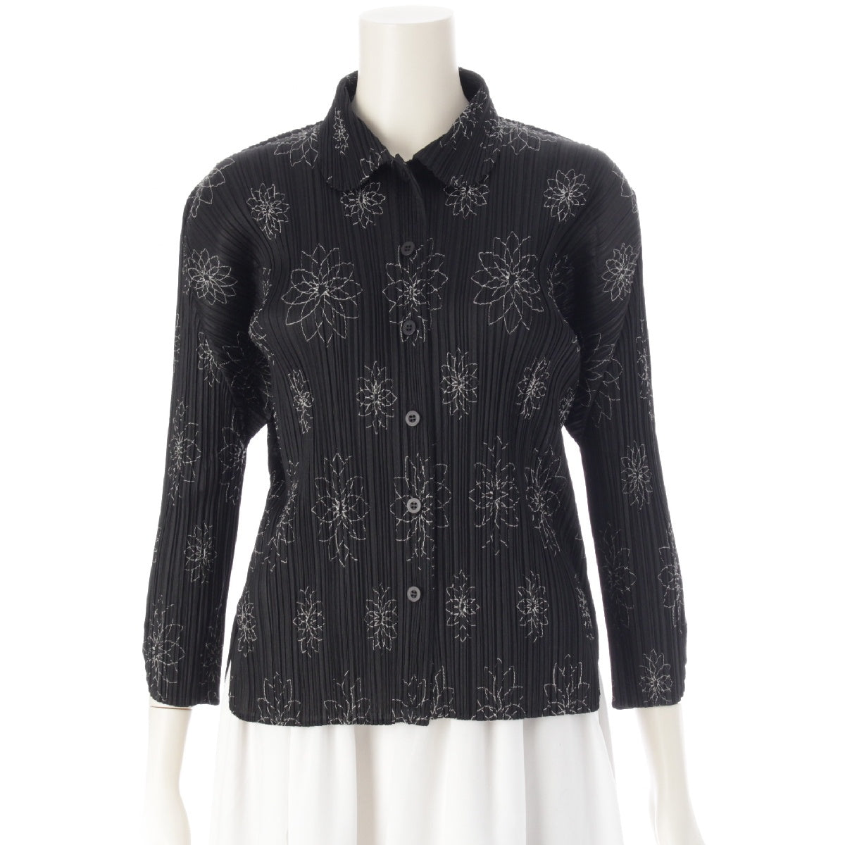 PLEATS PLEASE ISSEY  Floral Embroidery Long sleeve shirt blouse tops PP51-JJ887  black 3