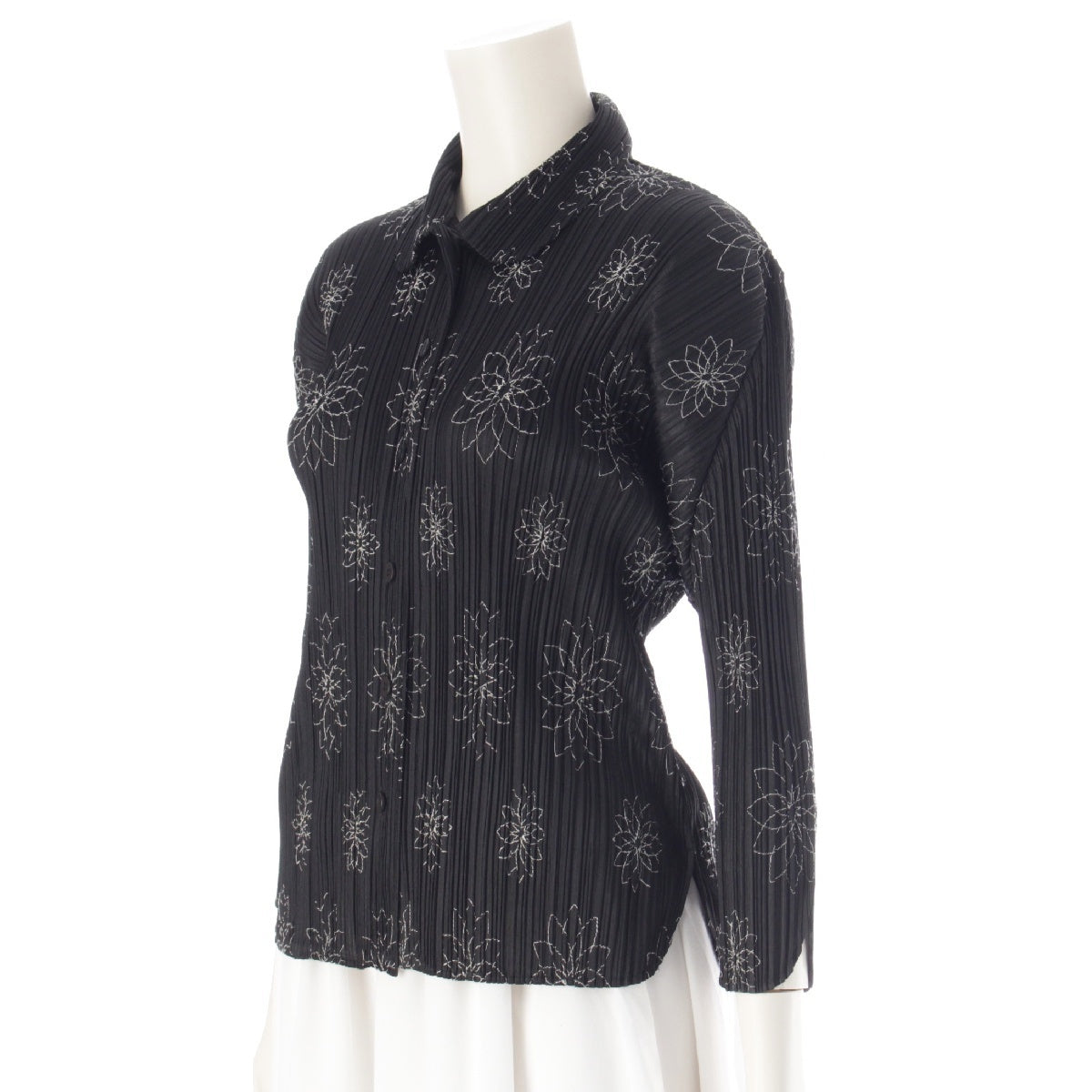 PLEATS PLEASE ISSEY  Floral Embroidery Long sleeve shirt blouse tops PP51-JJ887  black 3