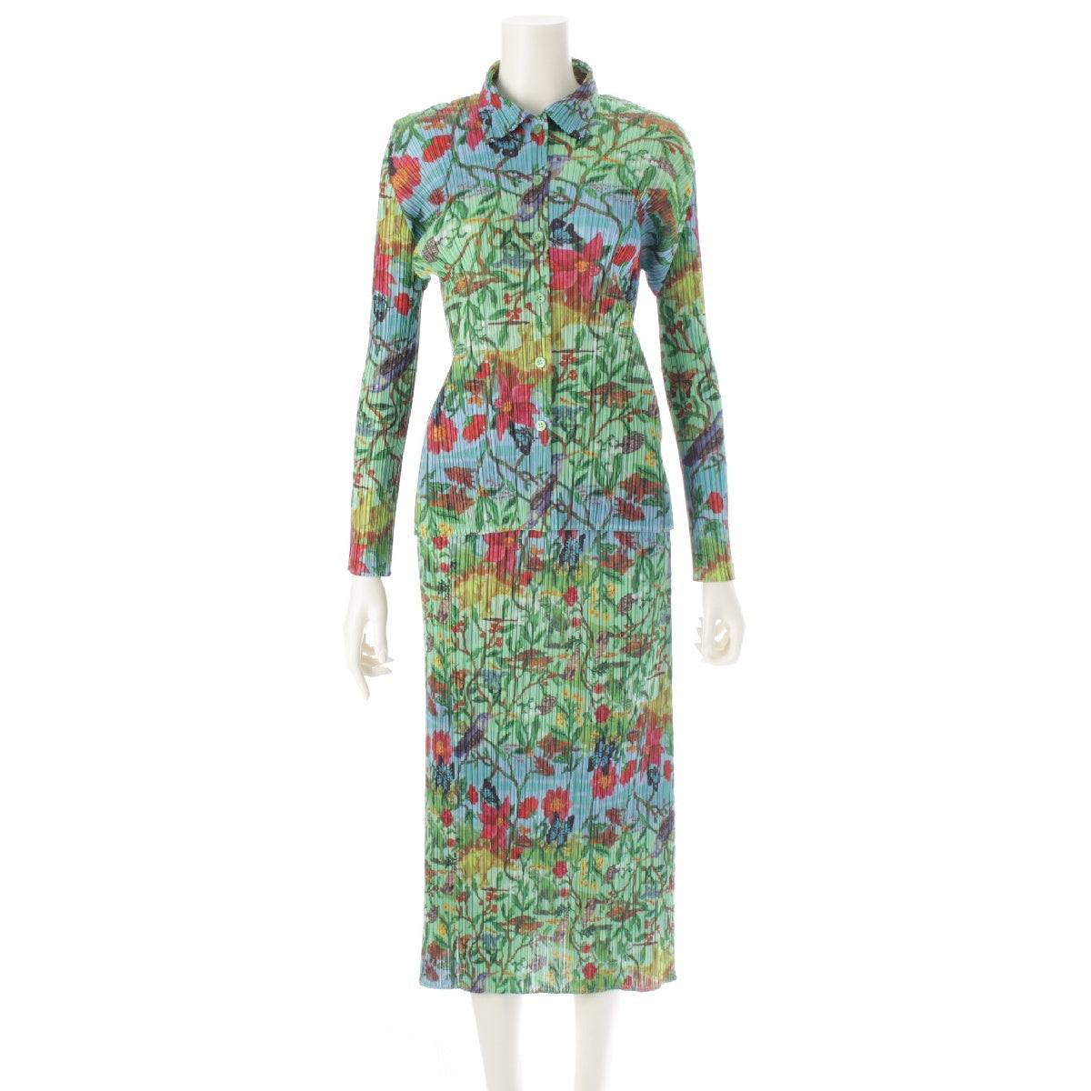 PLEATS PLEASE ISSEY  Nathalie Lete Dinos Eden Natalie Lete shirt Skirt setup Animals Dinosaurs Flowers Birds Butterflies All-over pattern PP61-JJ543 PP61-JG545 green 3