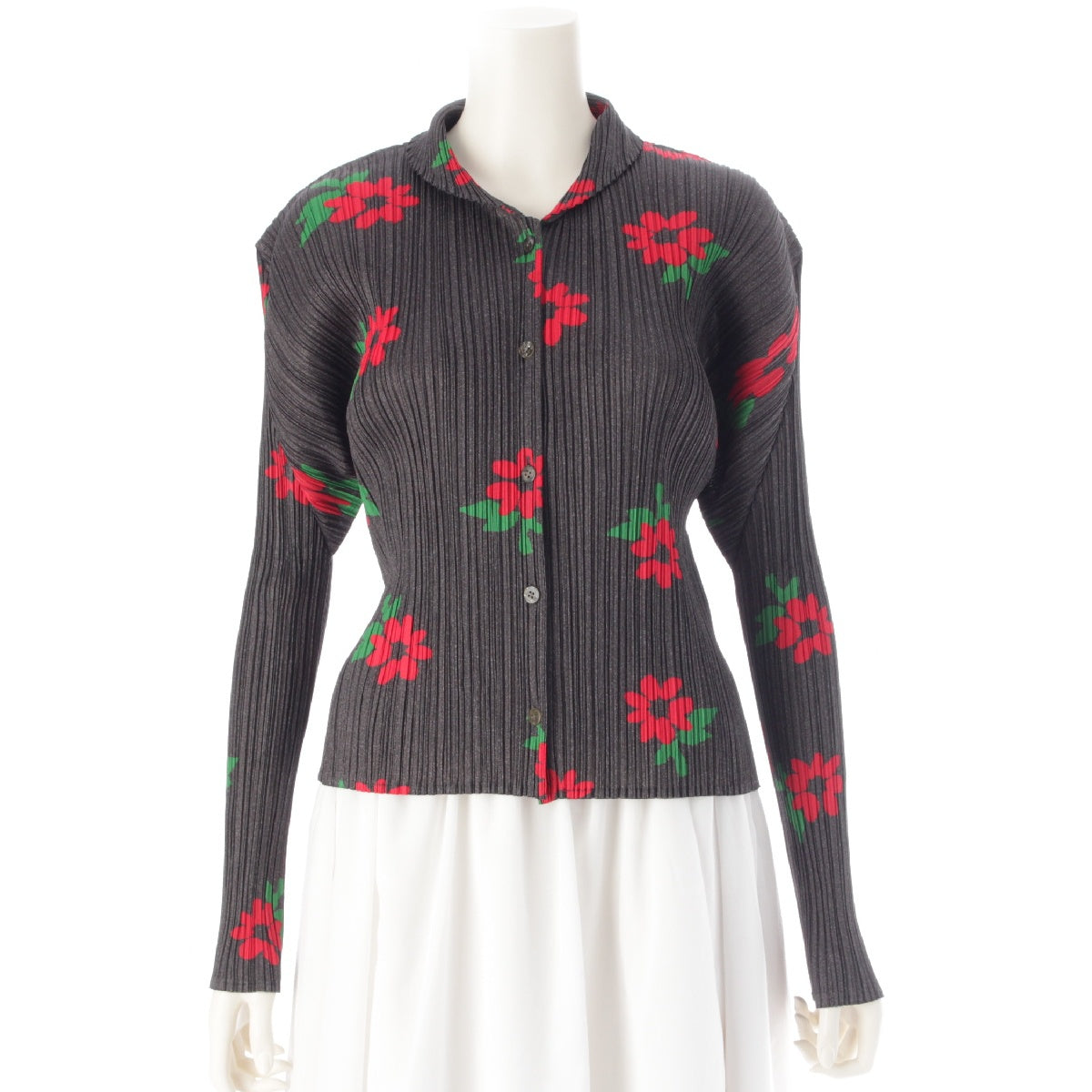 PLEATS PLEASE ISSEY  Floral Pattern Flower Flare Long sleeve shirt blouse tops PP22-JJ751  Gray red 3