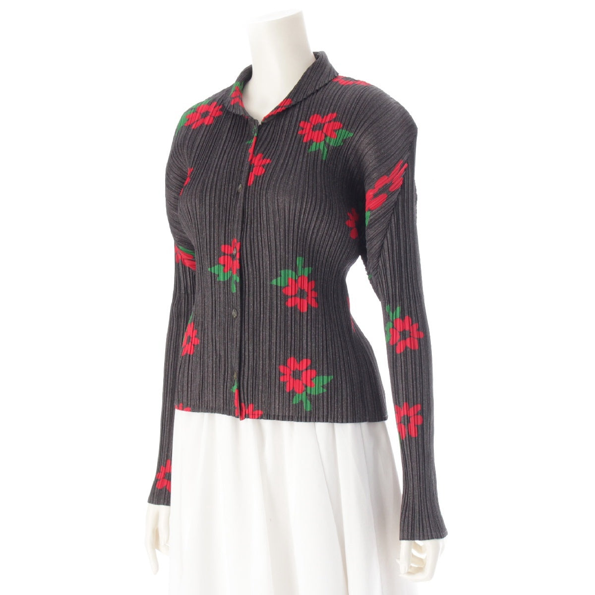 PLEATS PLEASE ISSEY  Floral Pattern Flower Flare Long sleeve shirt blouse tops PP22-JJ751  Gray red 3