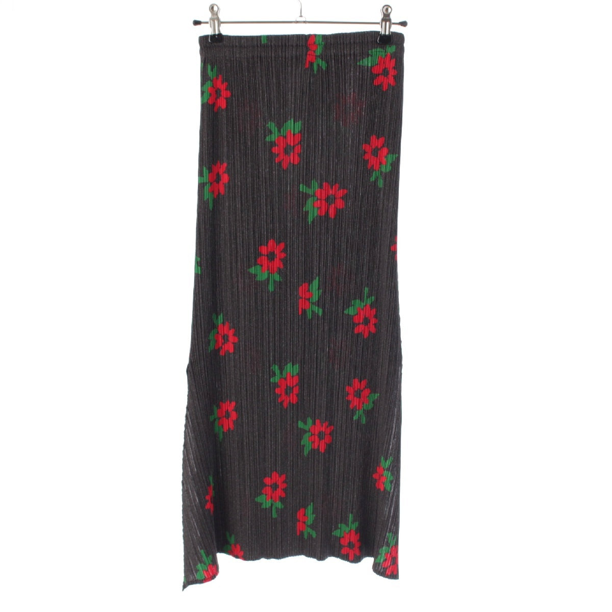 PLEATS PLEASE ISSEY  Floral Pattern Flare Pleated skirt Flower Maxi Slit PP22-JG753 Gray red 1