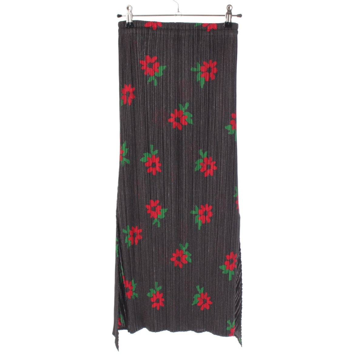 PLEATS PLEASE ISSEY  Floral Pattern Flare Pleated skirt Flower Maxi Slit PP22-JG753 Gray red 1