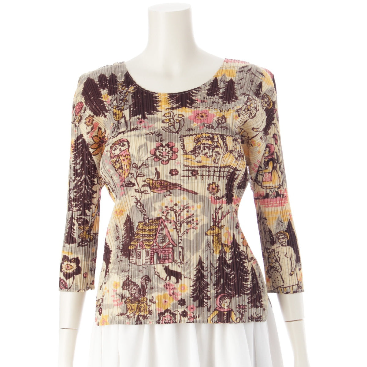 PLEATS PLEASE ISSEY  Nathalie Lete Red Riding Floral Animal 3/4 Sleeve Cut tops PP93-JK935 beige 3