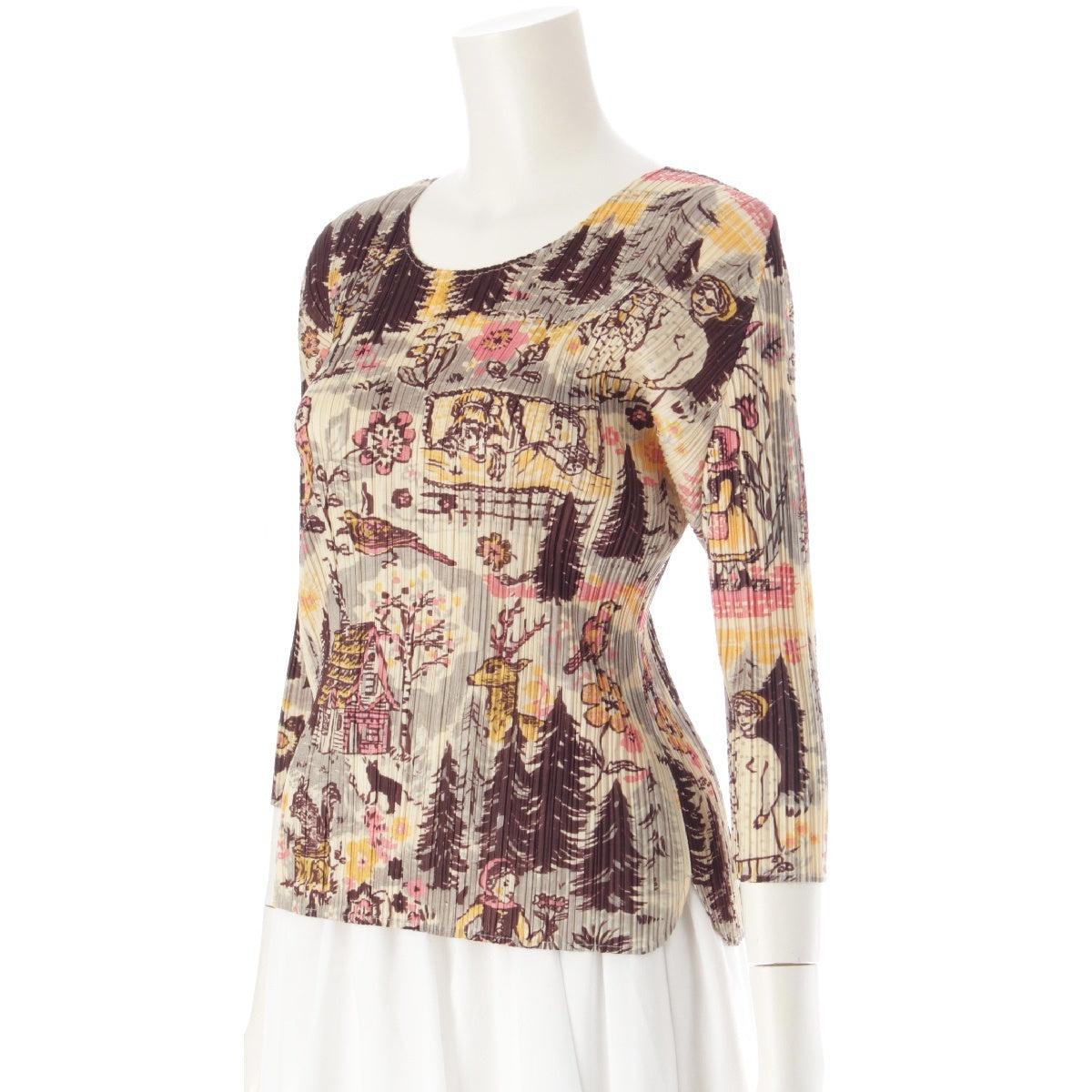 PLEATS PLEASE ISSEY  Nathalie Lete Red Riding Floral Animal 3/4 Sleeve Cut tops PP93-JK935 beige 3