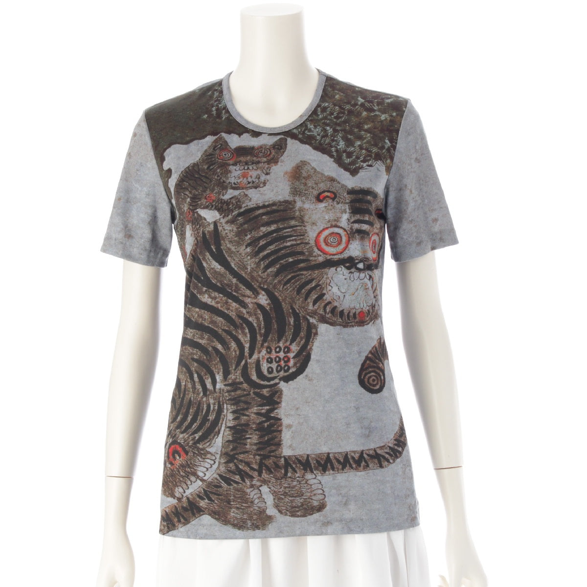 PLEATS PLEASE ISSEY  Tiger Cat Folk Painting Cut Short Sleeve T-Shirt Tops PP89-JR113  gray 3