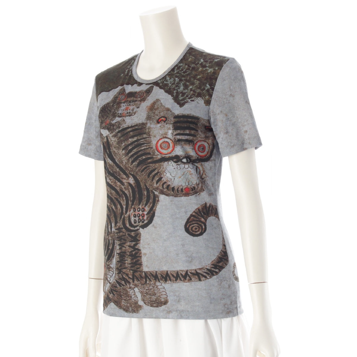 PLEATS PLEASE ISSEY  Tiger Cat Folk Painting Cut Short Sleeve T-Shirt Tops PP89-JR113  gray 3