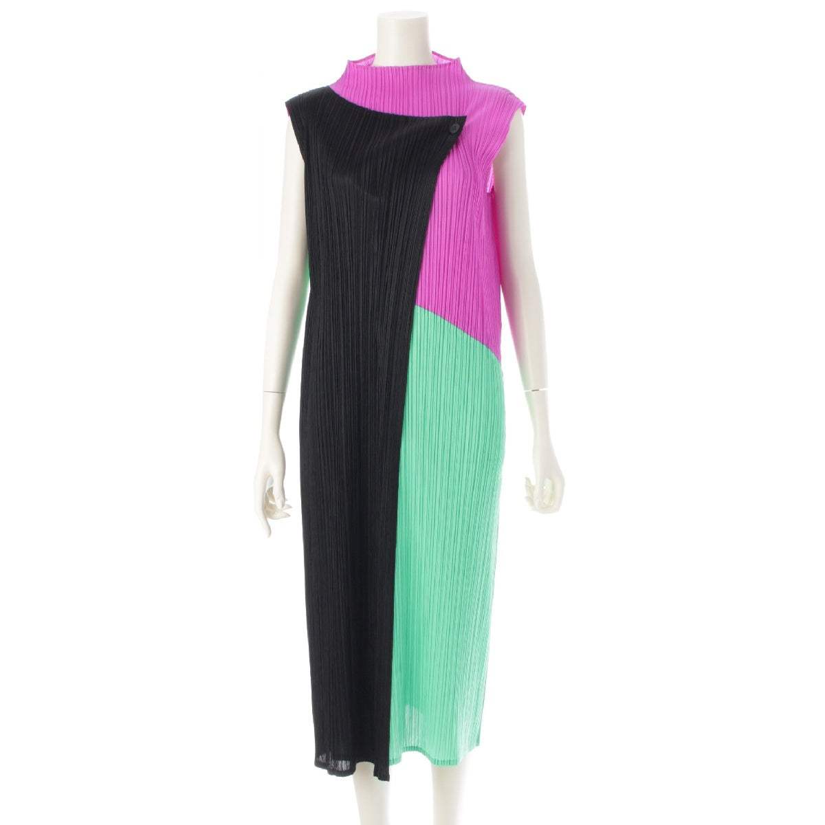 PLEATS PLEASE Sleeveless Bottleneck Block one piece dress PP11-JH153 Green Purple Black 3