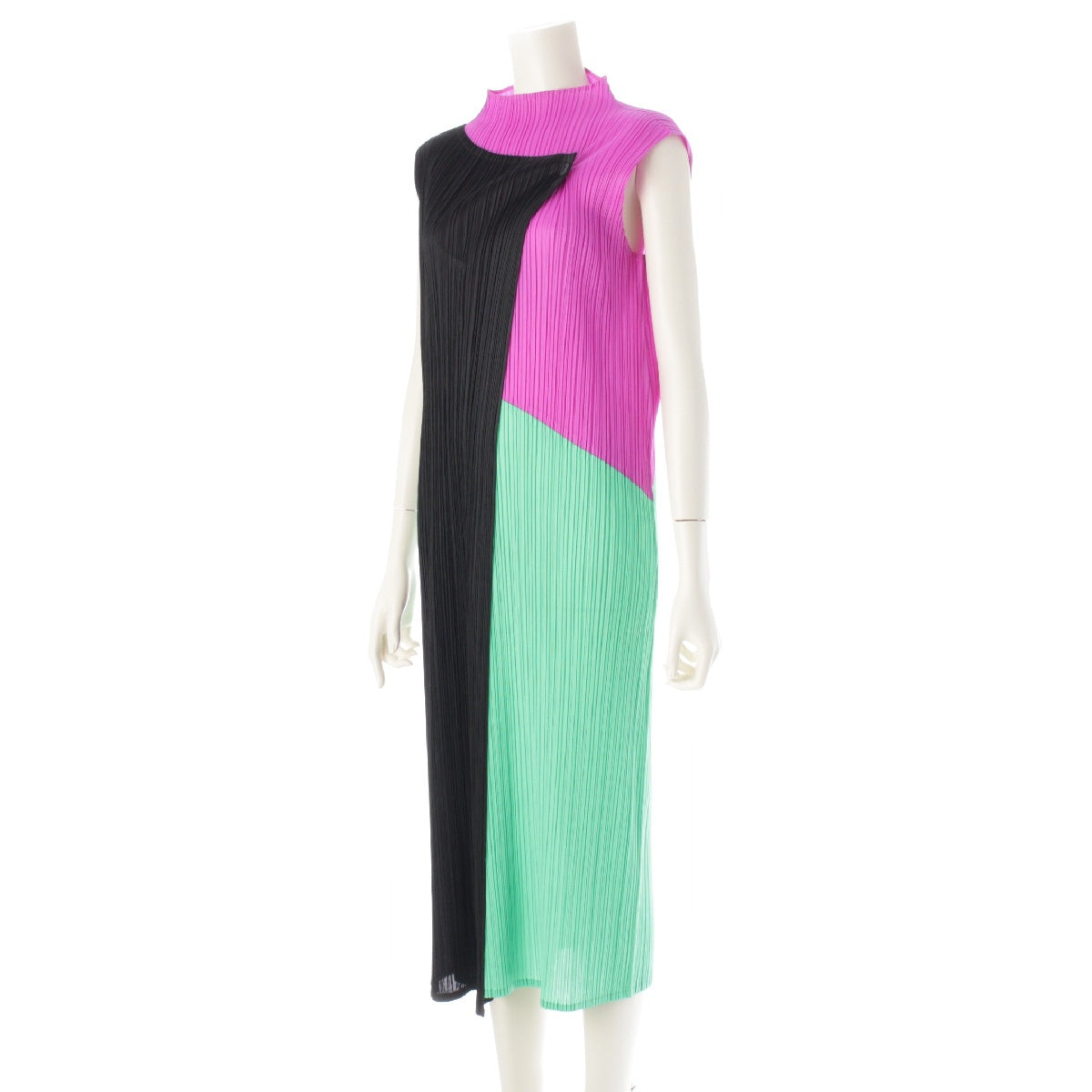 PLEATS PLEASE Sleeveless Bottleneck Block one piece dress PP11-JH153 Green Purple Black 3
