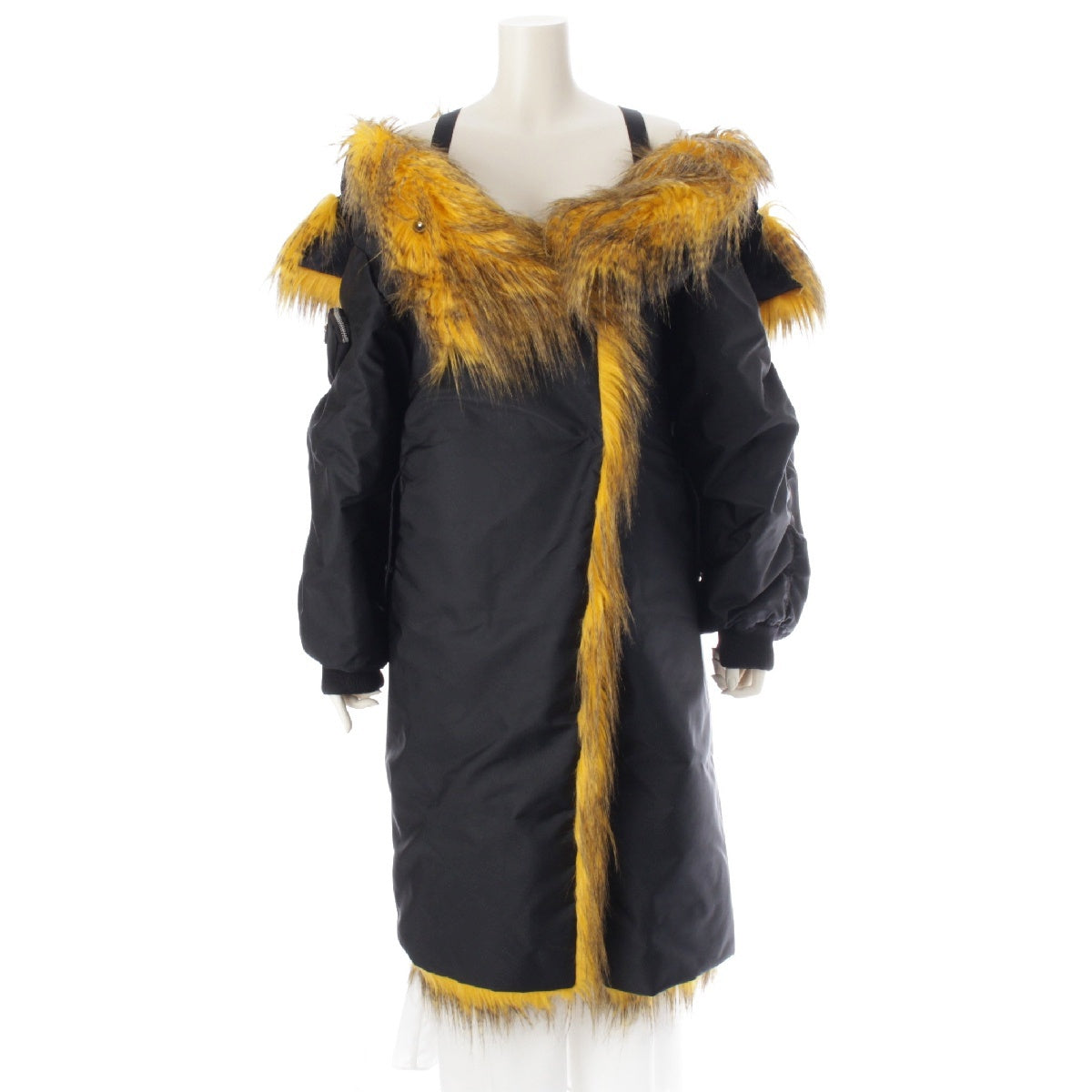 PRADA 21AW Re-nylon Off Shoulder Hoodie coat outer 29Y995 Black x yellow 36