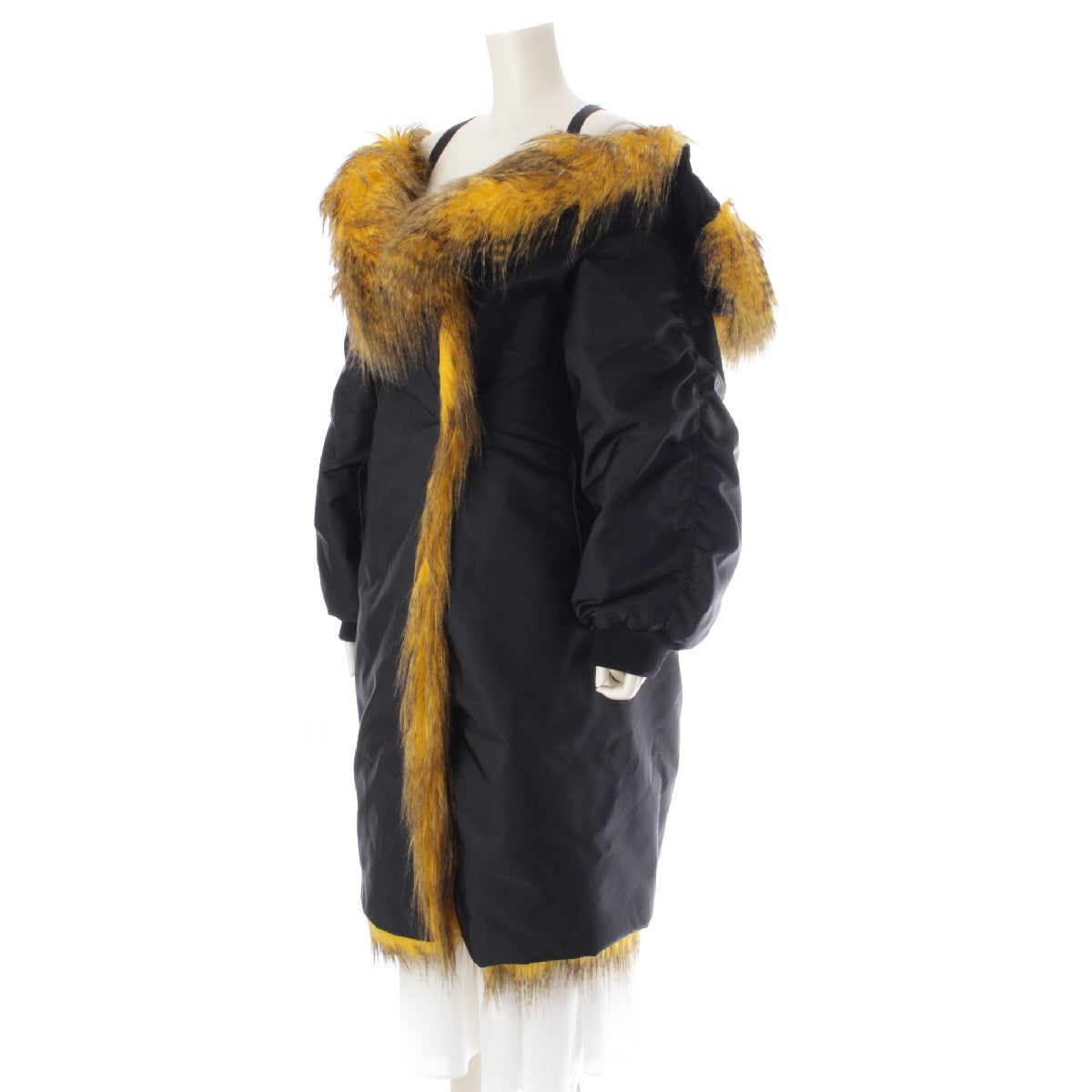 PRADA 21AW Re-nylon Off Shoulder Hoodie coat outer 29Y995 Black x yellow 36