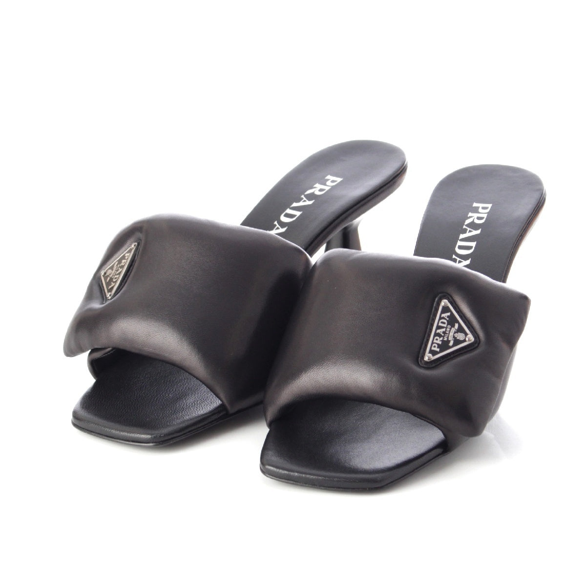 PRADA ナッパソフトLeather Triangle Plate Triangle Logo Padded Sandals Heeled Mules 1XX654 black 38 1/2
