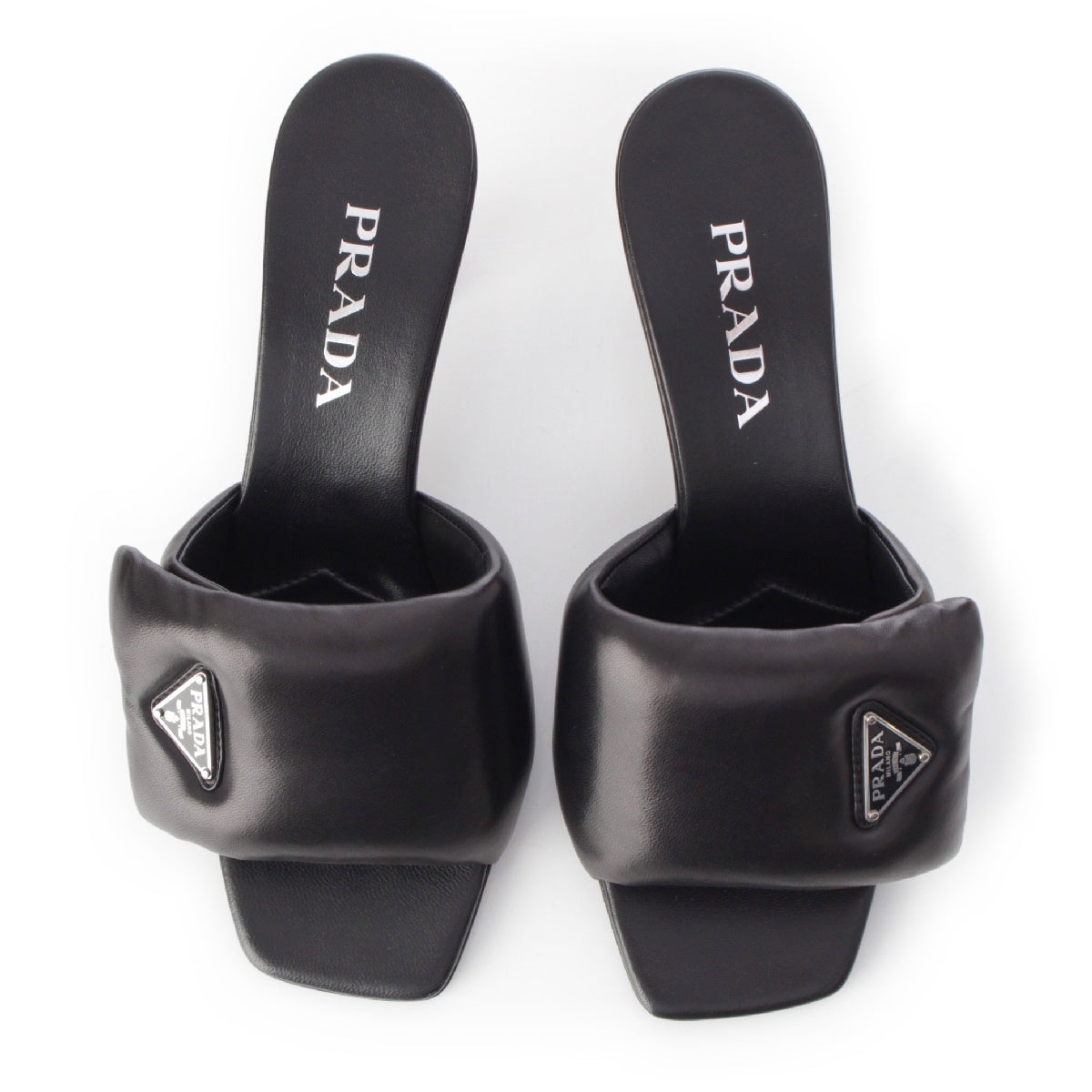 PRADA ナッパソフトLeather Triangle Plate Triangle Logo Padded Sandals Heeled Mules 1XX654 black 38 1/2